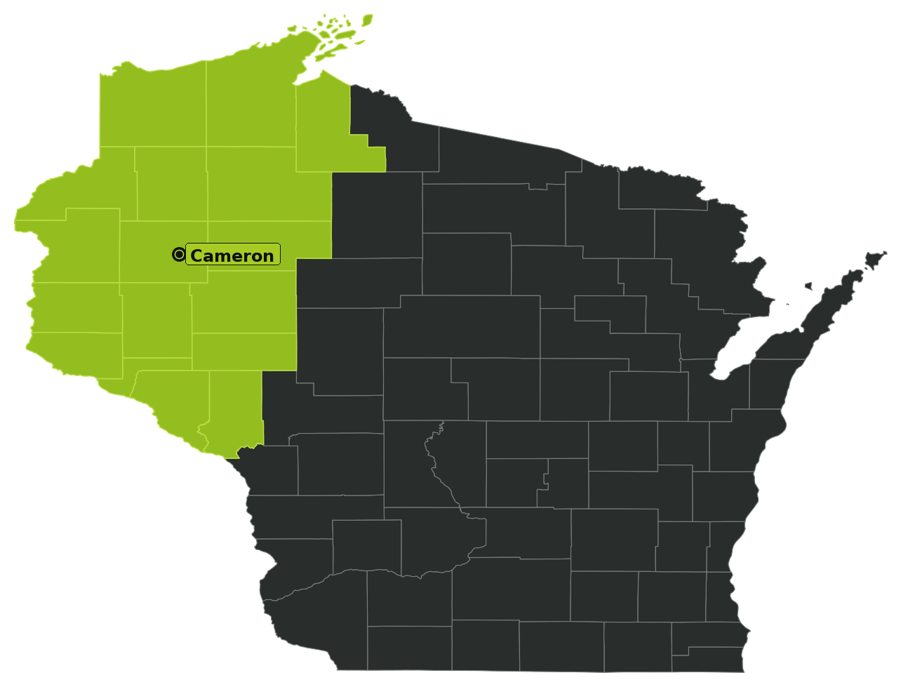 Wisconsin map showing Cameron and Northwest Wisconsin service area